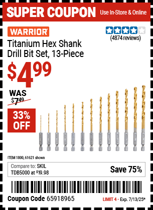 Harbor Freight Coupons, HF Coupons, 20% off - 13 Piece Titanium Nitride Coated High Speed Steel Drill Bits