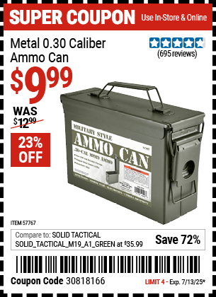 Harbor Freight Coupons, HF Coupons, 20% off - Metal 0.30 Caliber Ammo Can