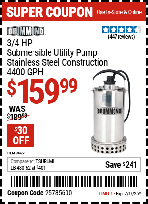Harbor Freight Coupons, HF Coupons, 20% off - 3/4 Hp Submersible Utility Pump