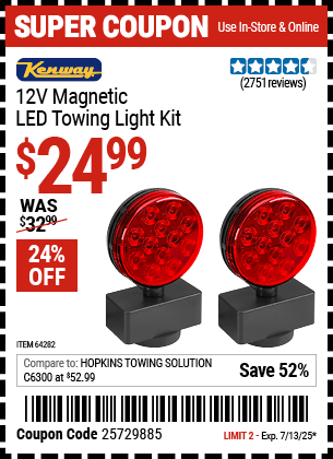 Harbor Freight Coupons, HF Coupons, 20% off - 12 Volt Led Magnetic Towing Light Kit