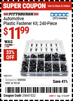 Harbor Freight Coupons, HF Coupons, 20% off - PITTSBURGH Automotive Plastic Fastener Kit for $13.99
