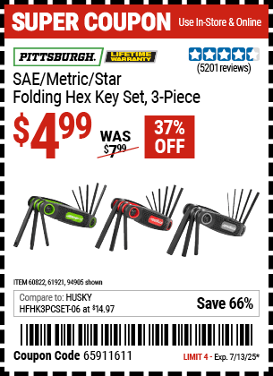 Harbor Freight Coupons, HF Coupons, 20% off - Sae/metric/torx Folding Hex Key Set Pack Of 3