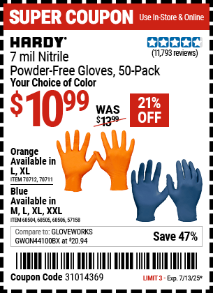 Harbor Freight Coupons, HF Coupons, 20% off - 7 Mil Heavy Duty Powder-free Nitrile Gloves Pack Of 50