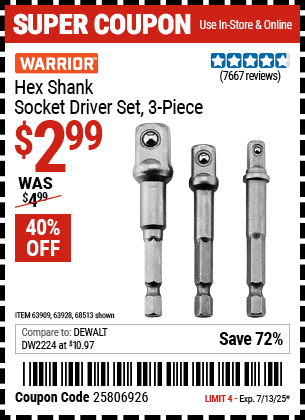 Harbor Freight Coupons, HF Coupons, 20% off - 3 Piece Hex Drill Socket Driver Set