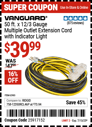 Harbor Freight Coupons, HF Coupons, 20% off - 12 Gauge X 50ft Multi-outlet Extension Cord With Indicator Light