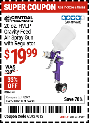 Harbor Freight Coupons, HF Coupons, 20% off - 20 Oz. Hvlp Gravity Feed Air Spray Gun With Regulator