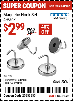 Harbor Freight Coupons, HF Coupons, 20% off - 4 Piece Magnetic Hook Set
