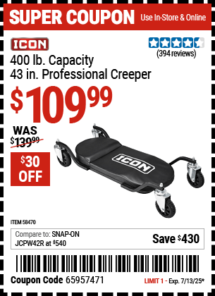 Harbor Freight Coupons, HF Coupons, 20% off - ICON 43 in. Professional Creeper for $109.99