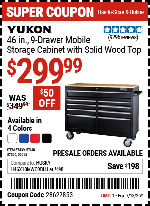 Harbor Freight Coupons, HF Coupons, 20% off - YUKON 46 in. 9-Drawer Mobile Storage Cabinet with Solid Wood Top 