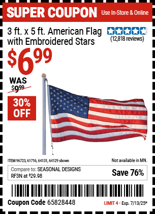 Harbor Freight Coupons, HF Coupons, 20% off - 3 Ft. X 5 Ft. American Flag With Embroidered Stars