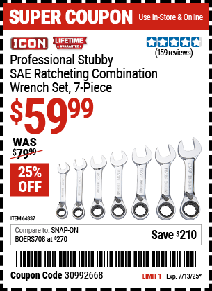 Harbor Freight Coupons, HF Coupons, 20% off - SAE Professional Stubby Ratcheting Combination Wrench Set, 7 Pc.