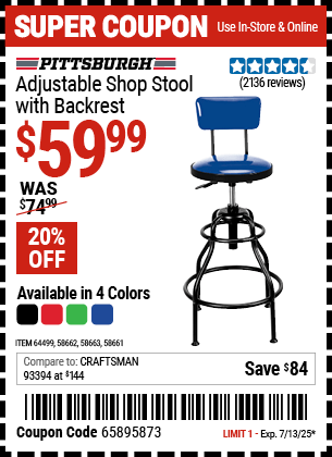 Harbor Freight Coupons, HF Coupons, 20% off - Adjustable Shop Stool With Backrest