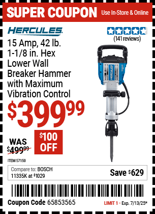Harbor Freight Coupons, HF Coupons, 20% off - HERCULES 15 Amp, 42 lb., 1-1/8 in. Hex Lower Wall Breaker Hammer with Maximum Vibration Control for $399.99