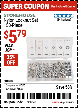 Harbor Freight Coupons, HF Coupons, 20% off - 150 Piece Nylon Locknut Set