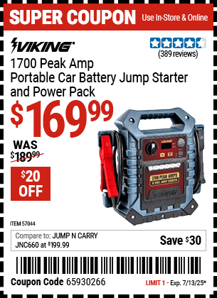 Harbor Freight Coupons, HF Coupons, 20% off - 1700 Peak Amp Portable Jump Starter and Power Pack