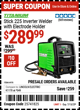 Harbor Freight Coupons, HF Coupons, 20% off - Titanium Stick 225 Inverter Welder With Electrode Holder