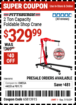 Harbor Freight Coupons, HF Coupons, 20% off - PITTSBURGH 2 Ton-Capacity Foldable Shop Crane 