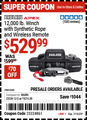 Harbor Freight Coupons, HF Coupons, 20% off - Badland Apex 12,000 Lb. Truck/suv Winch