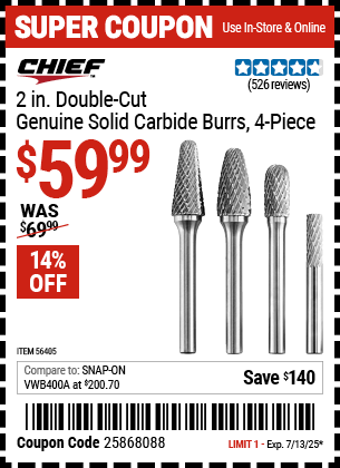 Harbor Freight Coupons, HF Coupons, 20% off - 2 in.  Double Cut Genuine Solid Carbide Burrs, 4 Pc.