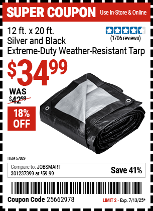 Harbor Freight Coupons, HF Coupons, 20% off - 12 ft. x 20 ft. Silver & Black Extreme Duty Weather Resistant Tarp
