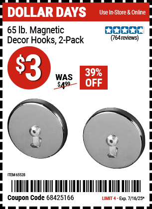 Harbor Freight Coupons, HF Coupons, 20% off - Magnetic Decor Hooks - Set Of Two
