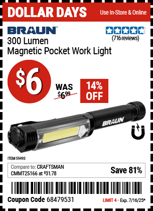 Harbor Freight Coupons, HF Coupons, 20% off - BRAUN 300 Lumen Magnetic Pocket Work Light for $4.99