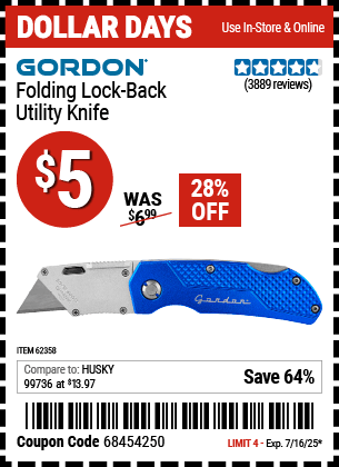 Harbor Freight Coupons, HF Coupons, 20% off - Folding Locking Back Utility Knife