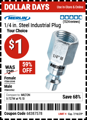 Harbor Freight Coupons, HF Coupons, 20% off - MERLIN 1/4 in. Steel Industrial Plug for $1