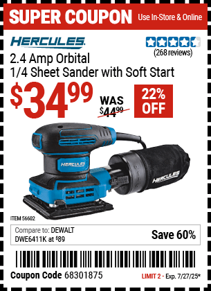 Harbor Freight Coupons, HF Coupons, 20% off - 2.4 Amp Corded 1/4 Sheet Palm Finishing Sander