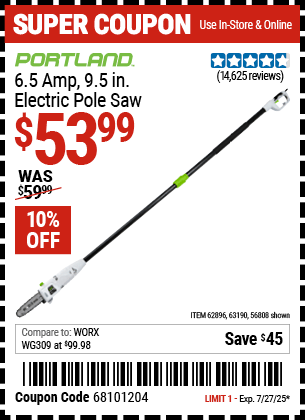 Harbor Freight Coupons, HF Coupons, 20% off - 7 Amp 1.5 Hp Electric Pole Saw