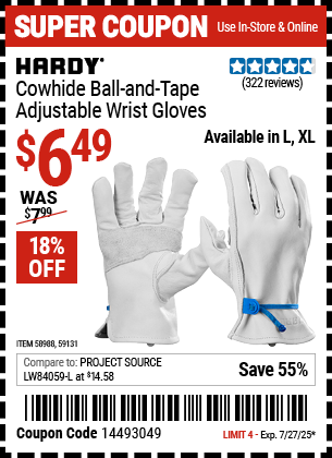Harbor Freight Coupons, HF Coupons, 20% off - HARDY Cowhide Ball and Tape Adjustable Wrist Gloves, X-Large for $4.99