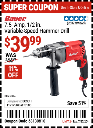 Harbor Freight Coupons, HF Coupons, 20% off - 1/2 in.  7.5  Amp Variable Speed Reversible Hammer Drill