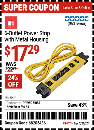 Harbor Freight Coupons, HF Coupons, 20% off - 6 Outlet Heavy Duty Power Strip With Metal Housing
