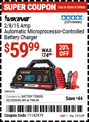 Harbor Freight Coupons, HF Coupons, 20% off - 2/8/15 Amp Automatic Microprocessor Controlled Battery Charger