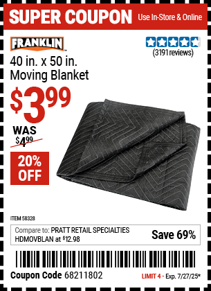 Harbor Freight Coupons, HF Coupons, 20% off - FRANKLIN 40 in. x 50 in. Moving Blanket for $4.49
