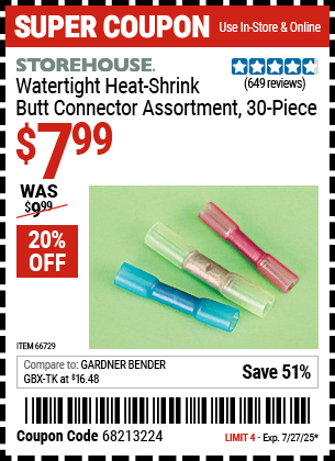 Harbor Freight Coupons, HF Coupons, 20% off - 30 Piece Watertight Heat-shrink Butt Connector Assortment