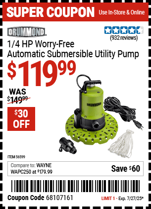 Harbor Freight Coupons, HF Coupons, 20% off - DRUMMOND 1/4 HP Worry-Free Automatic Submersible Utility Pump for $99.99