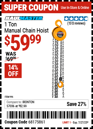 Harbor Freight Coupons, HF Coupons, 20% off - 1 Ton Chain Hoist