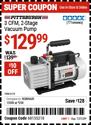 Harbor Freight Coupons, HF Coupons, 20% off - 3 Cfm Two Stage Vacuum Pump
