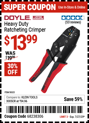 Harbor Freight Coupons, HF Coupons, 20% off - DOYLE Heavy Duty Ratcheting Crimper for $14.99