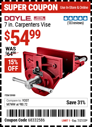 Harbor Freight Coupons, HF Coupons, 20% off - DOYLE 7 in. Carpenters Vise for $59.99