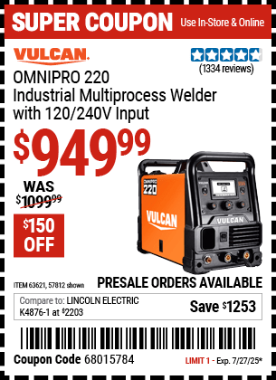 Harbor Freight Coupons, HF Coupons, 20% off - Vulcan Omnipro 220 Multiprocess Welder With 120/240 Volt Input