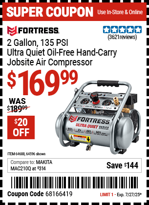 Harbor Freight Coupons, HF Coupons, 20% off - Fortress 2 Gallon, 1.2 Hp, 135 Psi Ultra-quiet, Oil-free Professional Air Compressor