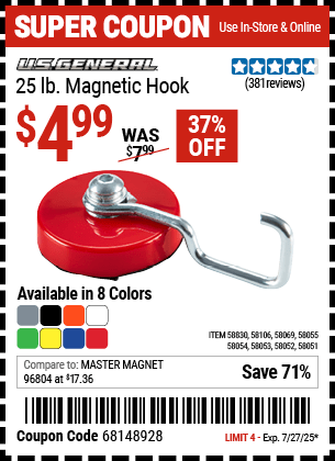 Harbor Freight Coupons, HF Coupons, 20% off - U.S. GENERAL 25 lb. Magnetic Hook 