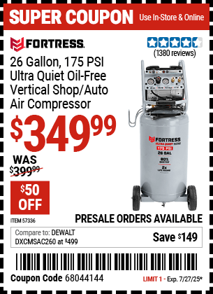 Harbor Freight Coupons, HF Coupons, 20% off - 26 Gallon  175 PSI Ultra Quiet Vertical Shop/Auto Air Compressor