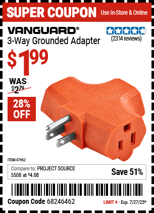 Harbor Freight Coupons, HF Coupons, 20% off - 3-way Grounded Adapter