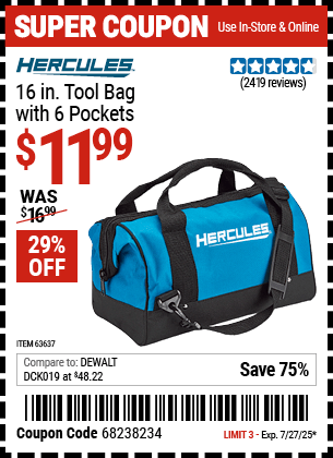 Harbor Freight Coupons, HF Coupons, 20% off - Hercules 16 In. Tool Bag