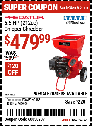 Harbor Freight Coupons, HF Coupons, 20% off - Chipper/shredder With 6.5 Hp Gas Engine (212 Cc)