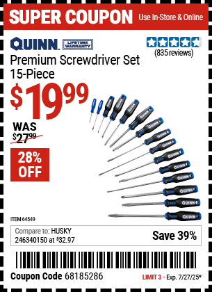 Harbor Freight Coupons, HF Coupons, 20% off - Quinn 15 Piece Screwdriver Set