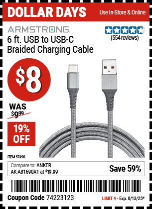 Harbor Freight Coupons, HF Coupons, 20% off - 6 ft. USB to USB-C Braided Charging Cable